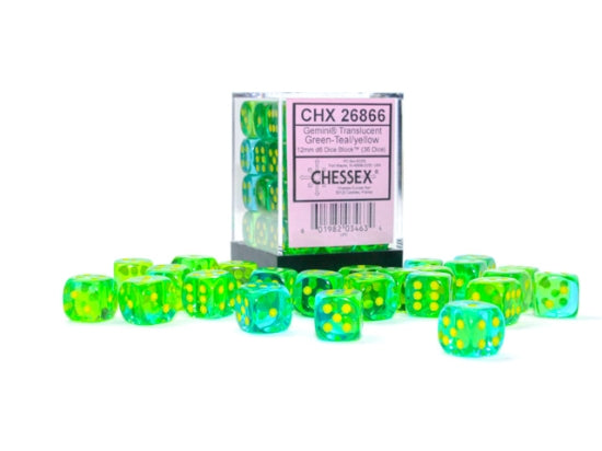 Gemini: 12mm d6 Translucent Green-Teal/yellow Dice Block (36 dice)