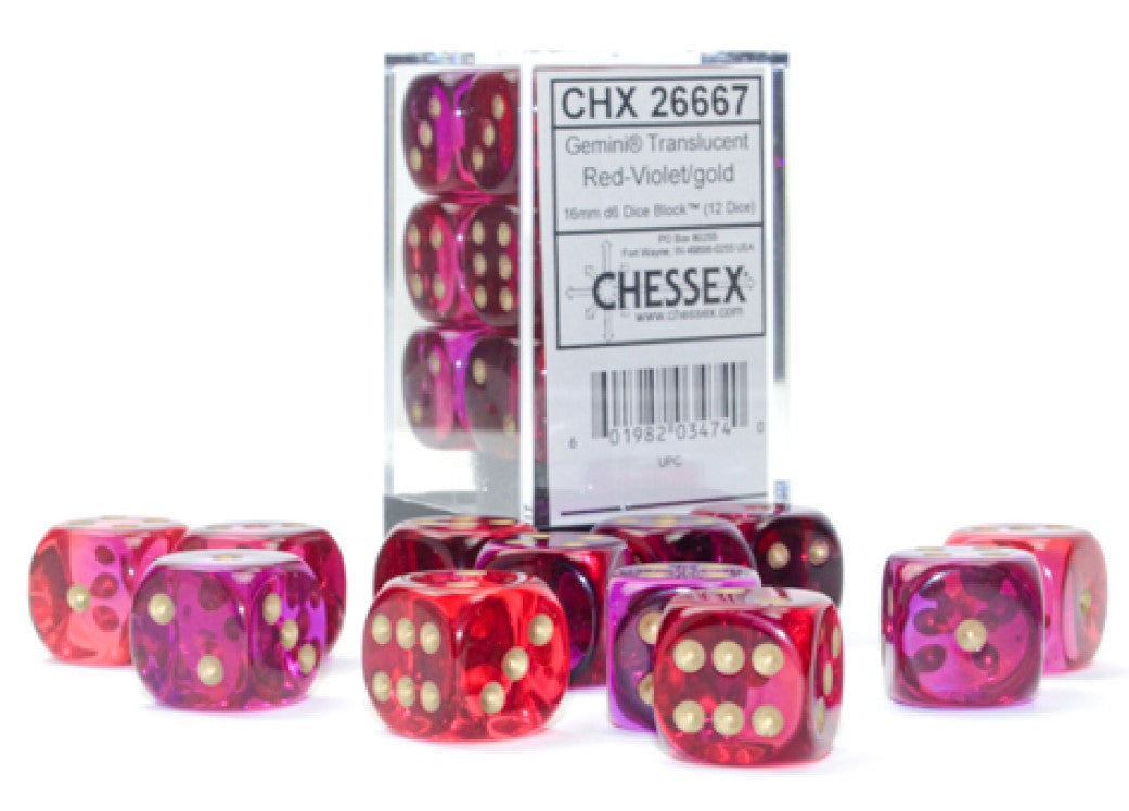 Gemini: 16mm d6 Translucent Red-Violet/gold Dice Block (12 dice)