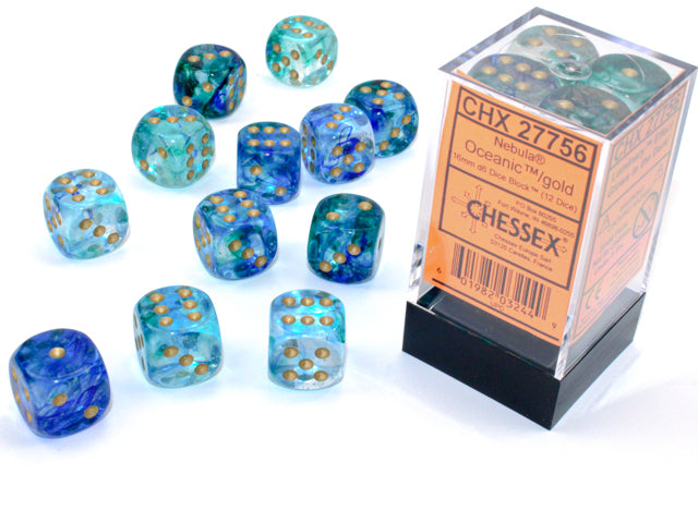 Nebula: 16mm d6 Oceanic/gold Luminary Dice Block (12 Dice)