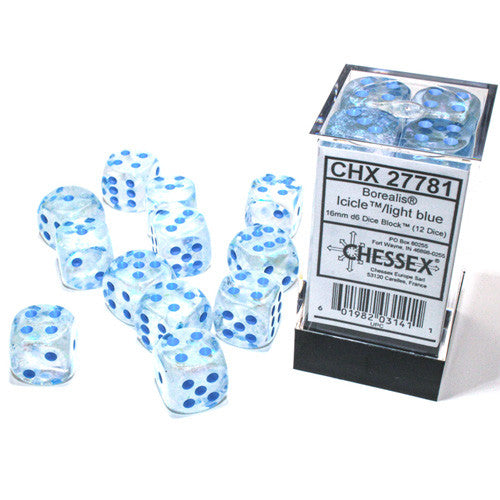 Borealis: 16mm d6 Icicle/Light Blue Luminary Dice Block (12 dice)