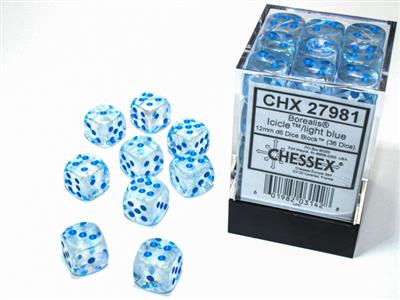 Borealis® 12mm d6 Icicle™/light blue Luminary™ Dice Block™ (36 dice)