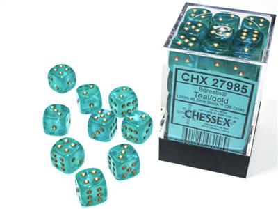 Borealis® 12mm d6 Teal/gold Luminary™ Dice Block™ (36 dice)