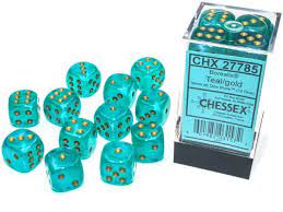 Borealis: 16mm d6 Teal/gold Luminary Dice Block (12 dice)